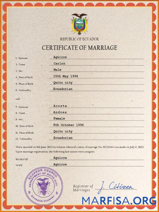 Downloadable Ecuador marriage certificate PSD template